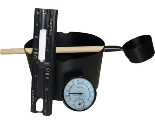 Set de sauna avec seau, louche, thermo-hygromètre et doseur d’additifs pour le bain