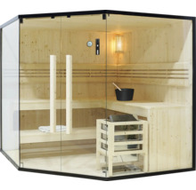 Sauna avec façade en verre, bancs en bois et poêle de sauna