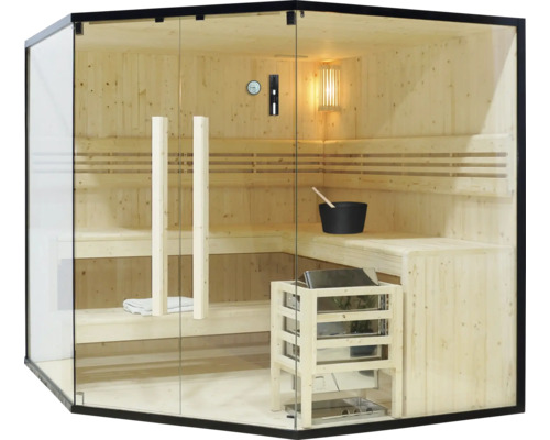 Sauna avec façade en verre, bancs en bois et poêle de sauna