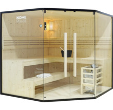 Sauna d'angle avec bancs en bois, poêle de sauna, lampe et façade en verre