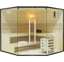 Sauna avec bancs en bois, éléments en verre et cadre noir