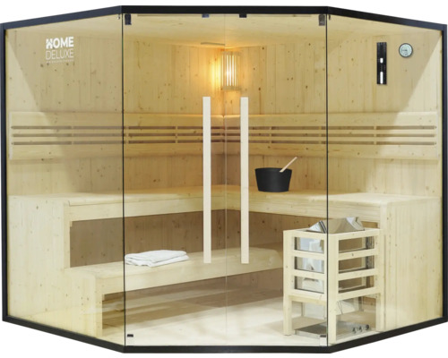 Sauna avec bancs en bois, éléments en verre et cadre noir