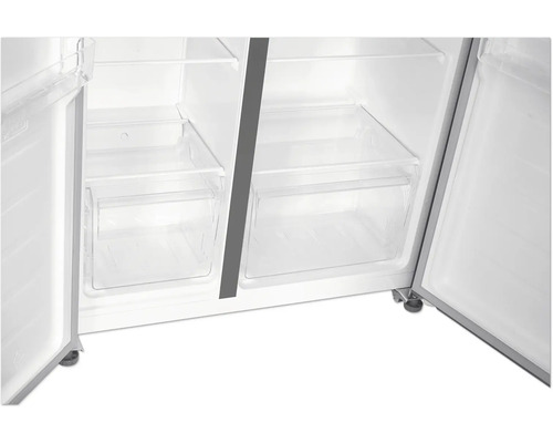 Intérieur d'un réfrigérateur avec portes ouvertes et tiroirs transparents