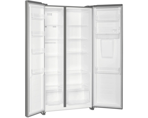 Réfrigérateur combiné américain ouvert avec étagères et compartiments