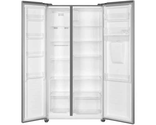 Réfrigérateur combiné américain ouvert avec étagères et compartiments