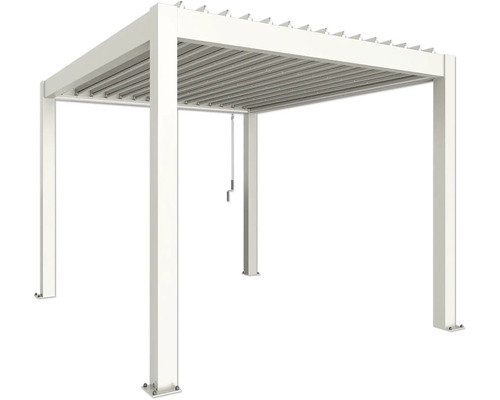 Freistehende, weiße Pergola mit Lamellendach für den Garten.