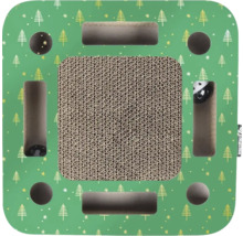 Jouet griffoir pour chat avec surface à griffer, balles de jeu et ouvertures sur une plaque verte avec motif sapin de Noël