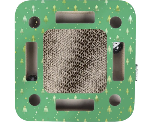 Jouet griffoir pour chat avec surface à griffer, balles de jeu et ouvertures sur une plaque verte avec motif sapin de Noël