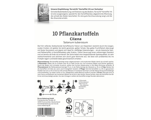 Informationen zu Cilena Pflanzkartoffeln, Solanum tuberosum, Pflanzanleitung, Bruno Nebelung GmbH Logo, PEFC Siegel, Hinweis zur Entsorgung