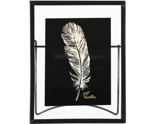Portraitrahmen Metall ohne Rückwand schwarz 10x15 cm Dekorativer Bilderrahmen mit Feder und dem Schriftzug Just breathe