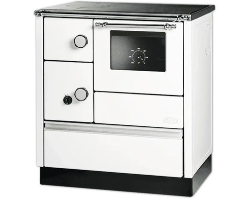 Küchenofen Lohberger Cook 75 weiß Backofen rechts mit Stahlplatten-Kochfeld Holzherd mit Kochfeld und Backofen