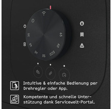 Nahaufnahme eines schwarzen Bedienfelds mit Drehregler und verschiedenen Symbolen