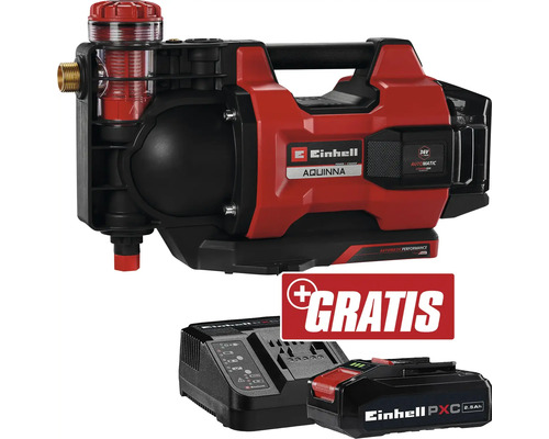 EINHELL Pompe de surface sans fil AQUINNA36/38F LED automatic Solo + GRATUIT PXC kit de démarrage 18V 2,5 Ah Einhell Aquinna Système d'alimentation en eau domestique avec batterie, chargeur et batterie supplémentaire