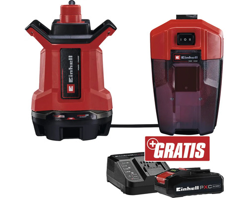 EINHELL Pompe à eaux usées sans fil GE-DP 18/25 Li-Solo + GRATUIT PXC kit de démarrage 18V 2,5 Ah Einhell Pompe de récupération d'eau de pluie sans fil avec capteur de pluie, batterie et chargeur