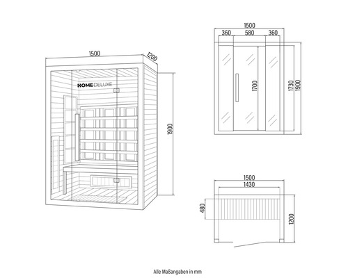 Schéma technique d'un sauna Home Deluxe avec dimensions en millimètres