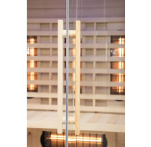 Gros plan d'une porte de sauna en verre avec poignées en bois