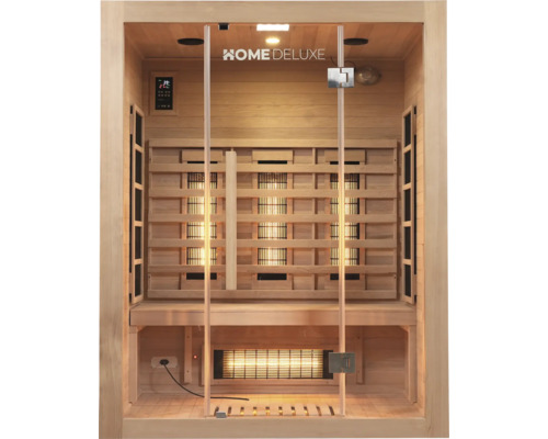 Sauna infrarouge en bois avec éléments de commande et porte en verre