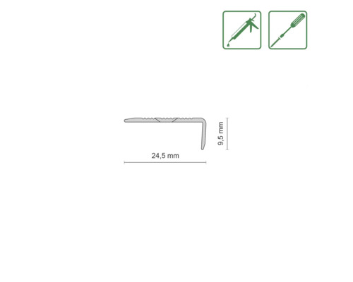 Coupe de profilé avec indications de dimensions 24,5 mm et 9,5 mm, ainsi que des symboles pour le montage avec de la colle et des vis