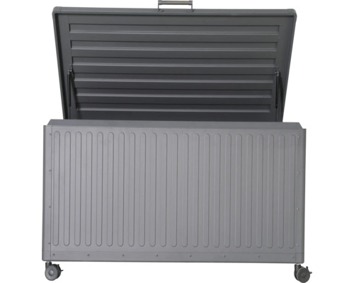 Coffre de rangement gris ouvert avec roues