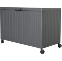 Coffre de rangement gris en métal avec roulettes et poignée sur le couvercle