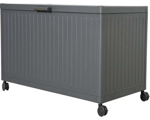 Coffre de rangement gris en métal avec roulettes et poignée sur le couvercle