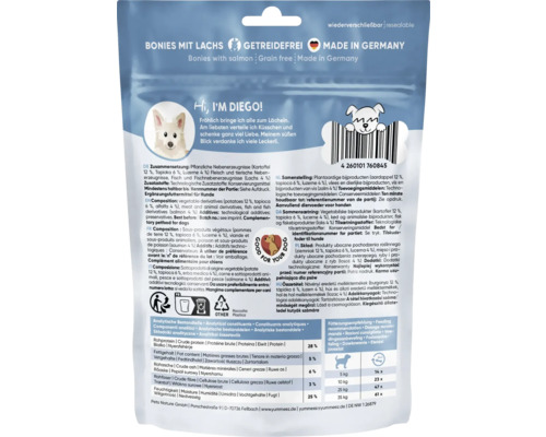 Yummeez Bonies au saumon, sans céréales, fabriqué en Allemagne
