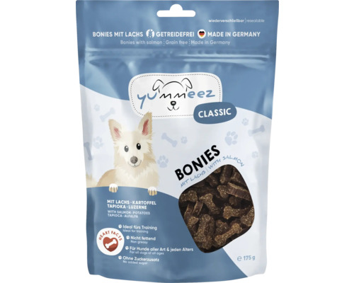 Yummeez Bonies au saumon, snacks sans céréales pour chiens dans un sachet refermable