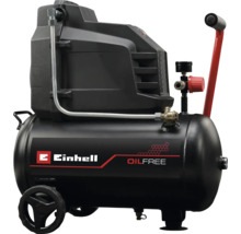 Ein schwarzer, ölfreier Einhell Kompressor mit Rädern und rotem Griff.