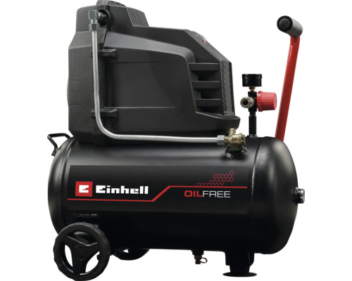 Kompressor Einhell 1100 W 8 bar Fahrbar 220 V TC-AC 190/24/8 I OF Ein schwarzer, ölfreier Einhell Kompressor mit Rädern und rotem Griff.