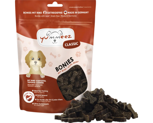 Yummeez Bonies avec des snacks pour chiens au boeuf, sans céréales et refermables
