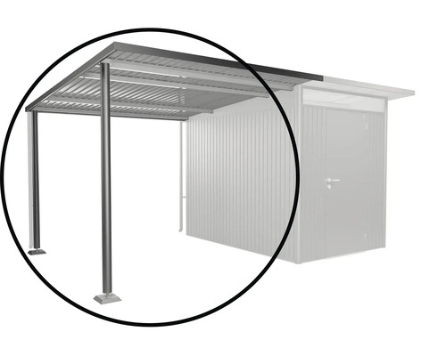 Seitendach Biohort Avantgarde A3, A7 243 x 300 x 218 cm dunkelgrau Detailansicht eines Carports mit Stahlpfosten und Metalldach