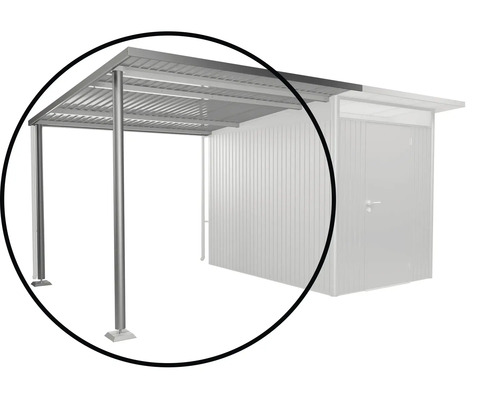 Seitendach Biohort Avantgarde A3, A7 243 x 300 x 218 cm quarzgrau Metallcarport mit Säulen und Dach neben einem Gartenhaus