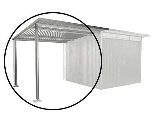 Anbau-Carport aus Metall neben einem Geräteschuppen