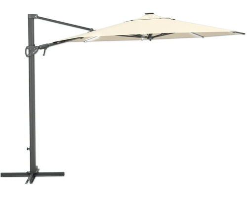 LED Ampelschirm SOLUNA Chambéry 300 x 300 cm beige mit UV-Schutz 80, wetterfeste Polyesterbespannung, leichte Aufspannung per Kurbel, Dreh und Neigfunktion, LED-Beleuchtung integriert Freiarm-Sonnenschirm mit Mast und Schirmdach