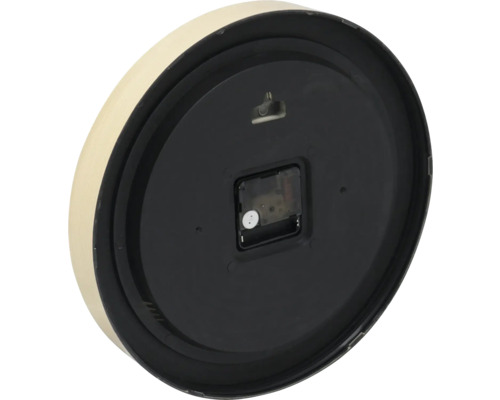 Rückseite einer Wanduhr mit Uhrwerk und Aufhängevorrichtung