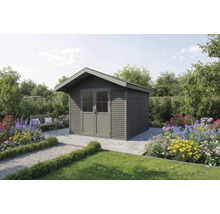 Scène de jardin avec cabane de jardin en bois, banc de jardin et fleurs