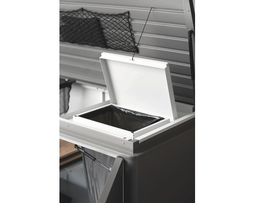 Mülltrennsystem mit offenem Deckel und Netztasche zur Abfalltrennung