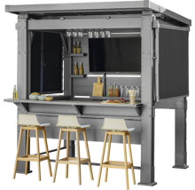 Grauer Outdoor-Bartresen mit drei Barhockern, Fernseher und Getränkehalter.