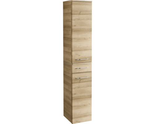 Hochschrank aus Holz mit Schubladen und Metallgriffen für das Badezimmer