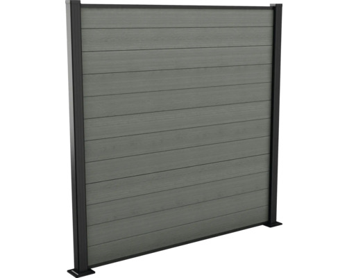 Panneau de confidentialité gris avec planches horizontales et cadre noir