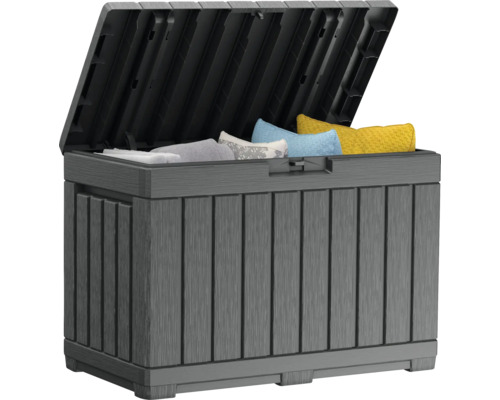 Geöffnete graue Gartenbox aus Kunststoff mit Kissen