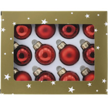 Verpackung mit zwölf roten Christbaumkugeln