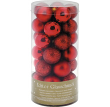 Set rote Christbaumkugeln aus Glas in transparenter Verpackung
