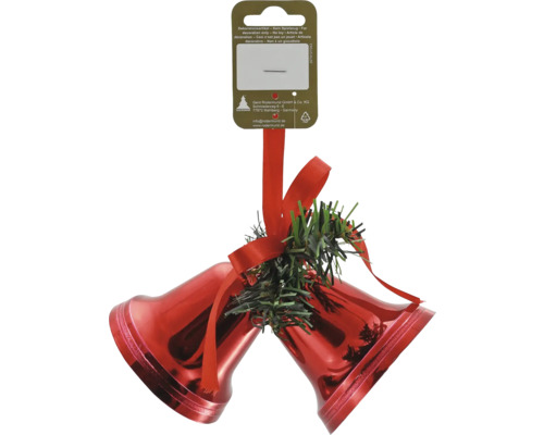 Suspension pour sapin de Noël cloche double plastique rouge vert blanc Décoration de Noël avec deux clochettes rouges, un ruban et des branches de sapin