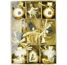 Verschiedene goldfarbene Christbaumkugeln in einer Verpackung