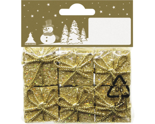 Verpackung goldfarbener, glitzernder Geschenk-Anhänger für den Weihnachtsbaum