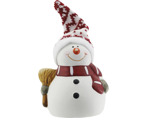 Schneemannfigur mit Mütze und Besen als Dekoration