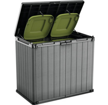 Mülltonnenbox mit zwei grünen Deckeln im geöffneten Zustand