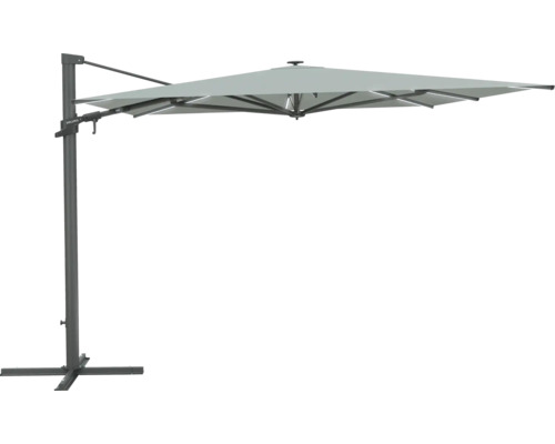 Parasol déporté à LED SOLUNA Chambéry 400 x 300 gris avec protection anti-UV 80, entoilage polyester résistant aux intempéries, facile à tendre à l'aide de la manivelle, fonction pivotement et inclinaison, éclairage LED intégré Parasol déporté pour le jardin ou la terrasse