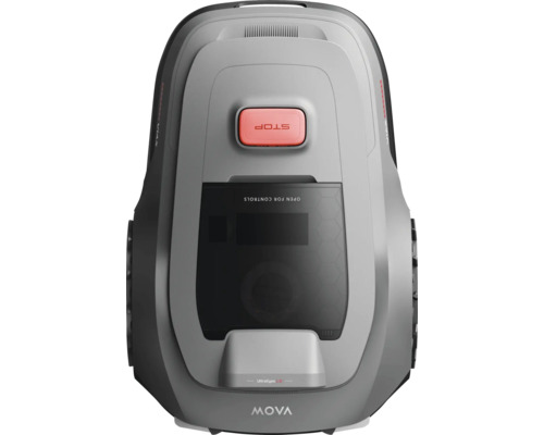 Robot tondeuse avec bouton d'arrêt et commandes